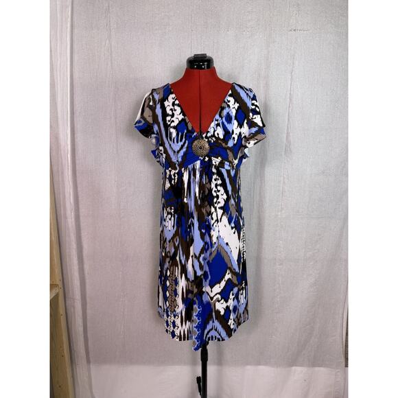 Style And Co Black Blue Retro Dress Size Medium Petite Geometric Print E096 - Picture 1 of 10